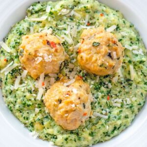 Garlic Habanero Chicken Meatballs with Kale Polenta