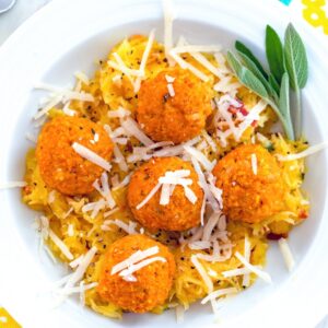 Garlicky Spaghetti Squash with Pumpkin Chicken Meatballs